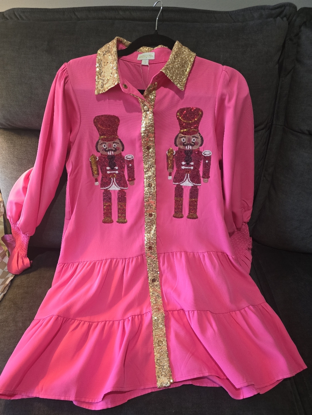 NWT JANE MARIE Hot Pink Sequin Nutcracker Shirt Dress with Gold Trim